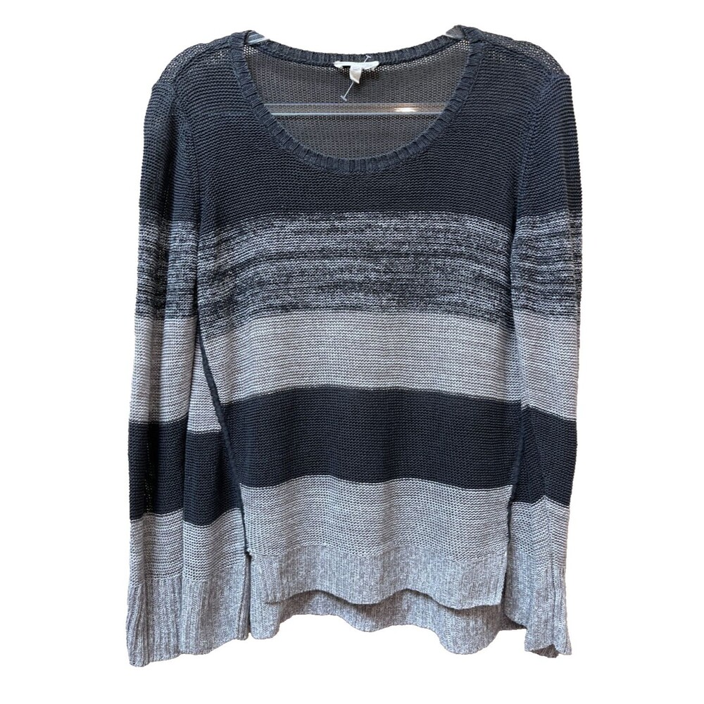 Eileen Fisher Size M Linen Sweater Gray Ombre Stripe Organic Knit Long Sleeve